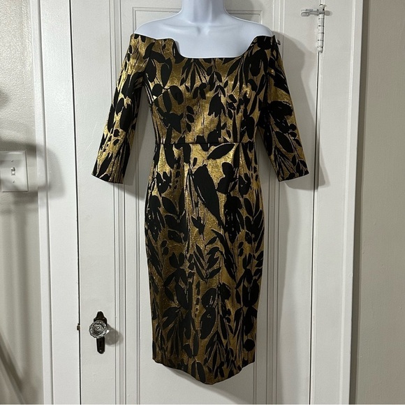 Trina Turk Sumire Off The Shoulder Jacquard Sheath Dress Black Gold size 6 - Picture 10 of 13